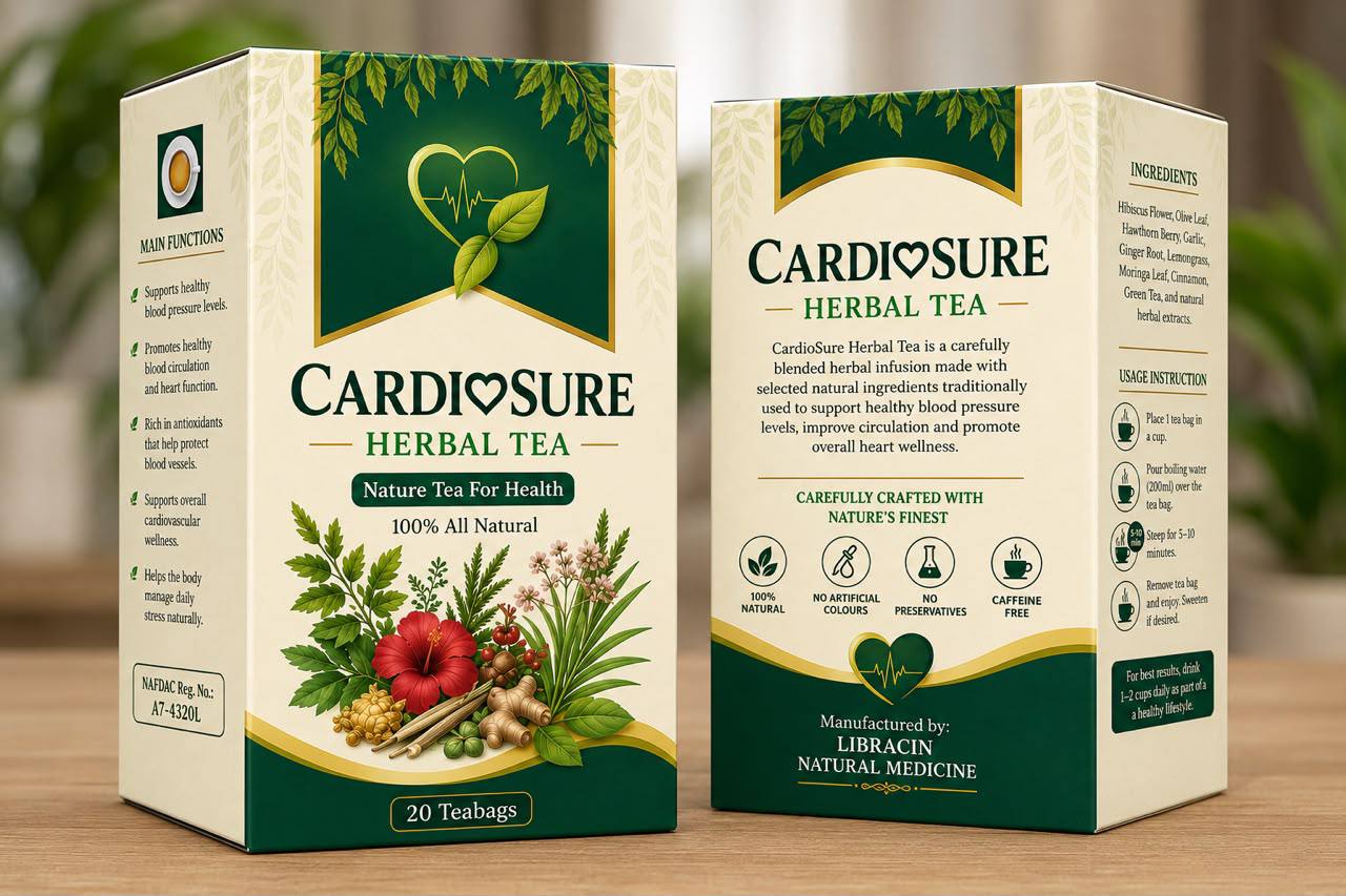 CardioSure Herbal Tea box beside a cup of freshly brewed herbal tea