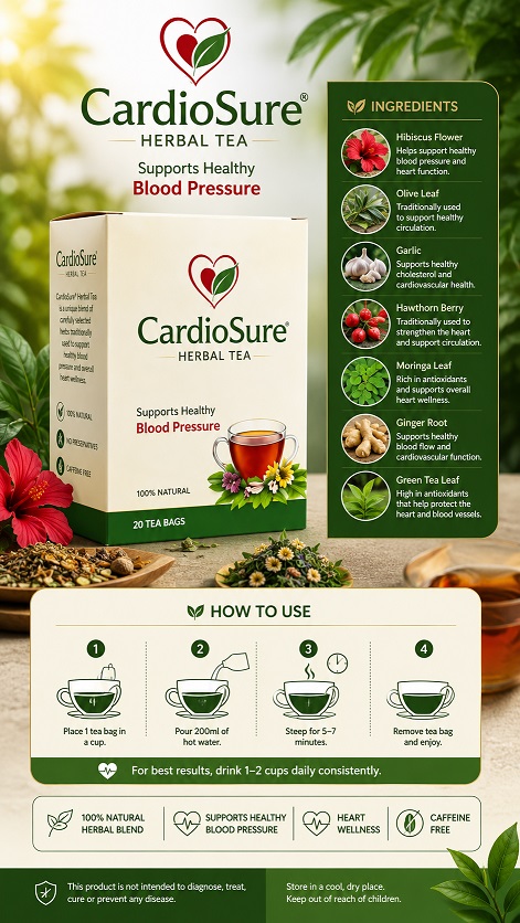 CardioSure Herbal Tea packaging showing ingredients and usage instructions