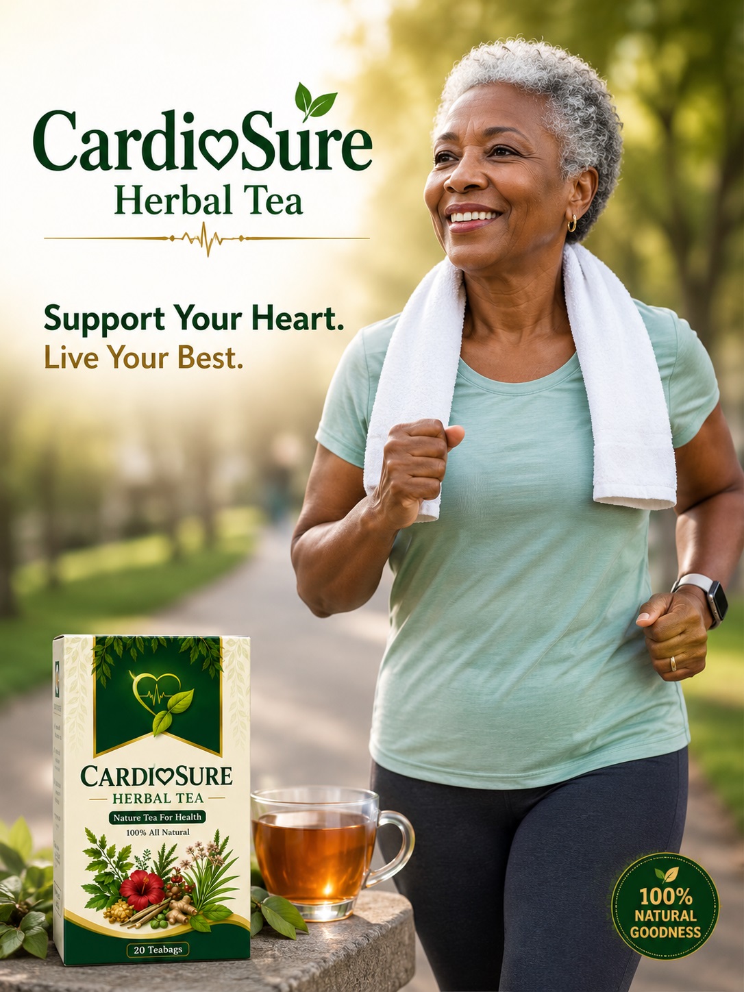 Woman enjoying a morning jog with CardioSure Herbal Tea nearby, representing an active healthy lifestyle