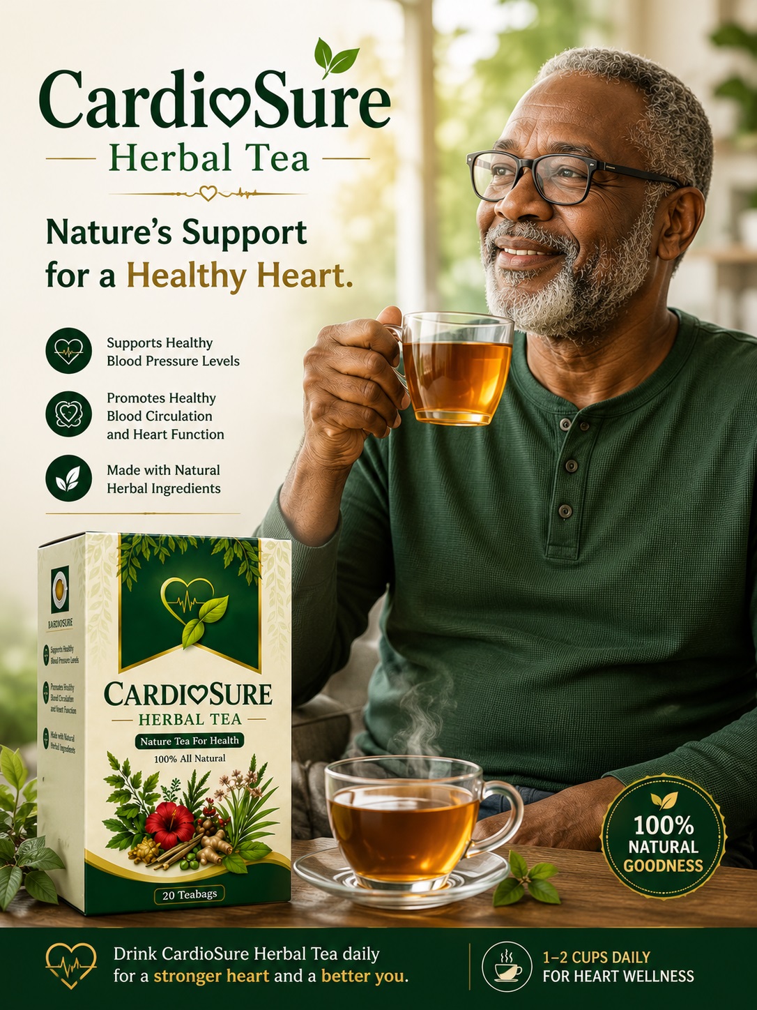 Older man relaxing at home with a cup of CardioSure Herbal Tea
